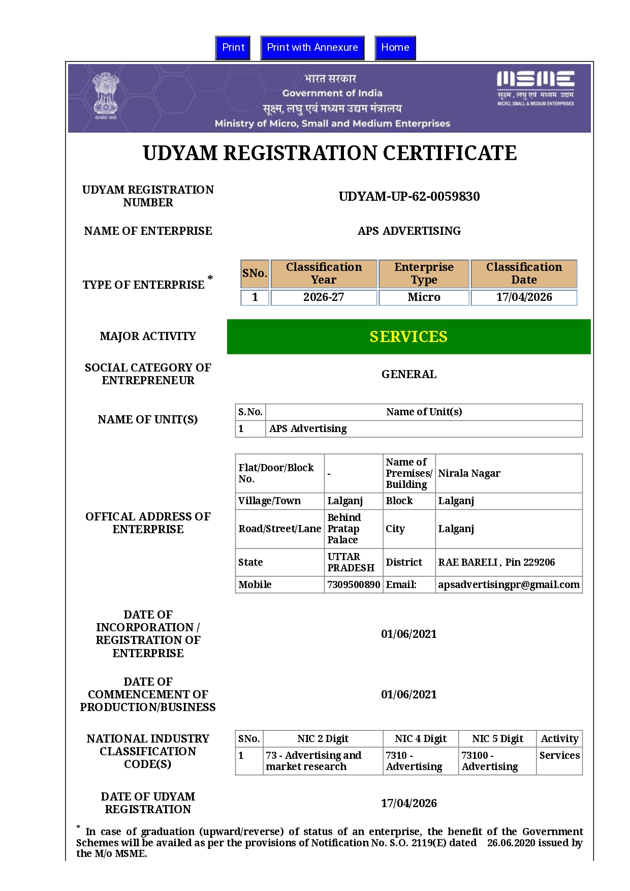 APS Advertising Certificate 1